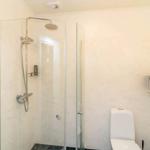 Duschkabine mit Duschbrause, Toilette und Regal mit Handtuch.