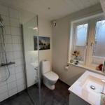Badezimmer mit Dusche, Toilette und Waschbecken. Fenster mit Jalousie und Wandbild.