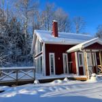 Rotes Holzhaus mit Schneebedecktem Dach und Terrasse im Wald.