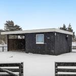 Schwarze Holzhütte mit weißem Dach und Fenster, umgeben von Schnee und Bäumen.