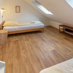 Bedroom with sloped ceiling, hardwood floor, and skylights.