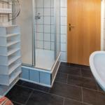 Bathroom with shower, sink, and toilet.