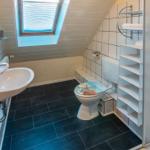 Bathroom with toilet, sink and shower under sloped ceilings