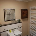 Badezimmer mit Waschbecken, Spiegel, Dusche und Heizkörper.