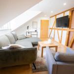 Modernes Wohnzimmer der Ferienwohnung Bergmoment in Blankenburg Harz mit Sofa, Dachschraege und offenem Wohnkonzept.