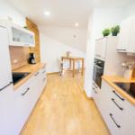 Moderne Kueche der Ferienwohnung Bergmoment in Blankenburg Harz mit Induktionskochfeld, Backofen, Geschirrspueler und Mikrowelle.