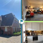 Haus mit Wohnzimmer und Küche. Außenansicht mit rotem Backstein und Dach.