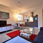 Wohnzimmer mit Küche, Sofa, Glas-Tisch und rotem Teppich.