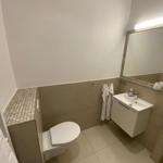 Badezimmer mit Toilette, Waschbecken und Spiegel. Handtuchhalter und Fliesen sichtbar.