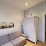 Wohnzimmer mit Sofa, Kleiderschrank und Wandbild. Durchgang zur Terrasse.