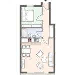 Wohnung mit Schlafzimmer, Küche, Bad und Wohnbereich mit TV.
