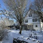 Wohnhaus mit Schneebedecktem Garten und Bäumen im Winter.