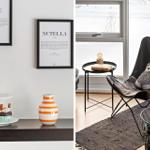 Two images: left, a counter with cupcakes and vases; right, a black chair by a window.