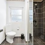 Bathroom with toilet, shower, and window.