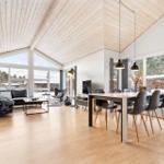 Living and dining area with wooden ceiling, large windows, and modern furniture.