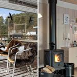Deck with chair and fur, view of forest. Inside: fireplace with fire and wall art.