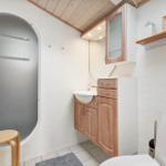 Bathroom with shower, sink and toilet. Wooden ceiling and fixtures.