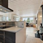 Kitchen with cooktop and range hood, view into living area with wood stove and windows.