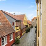 View of a cobblestone street with colorful houses and red tiled roofs.