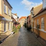 A narrow cobblestone alley between colorful houses with windows and doors.