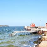 Harbor with red cabins and pier by the water. View of the coast in the background.