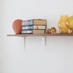 Wooden shelf on the wall with books, vase, and shell.