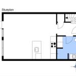 Floor plan shows kitchen, bathroom, and staircase with compass
