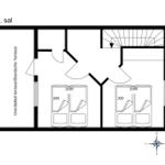 Ground floor with covered terrace, two bedrooms, and stairs to upper level.