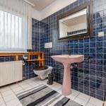 Badezimmer mit blauen Fliesen, rosa Waschbecken und Spiegel.