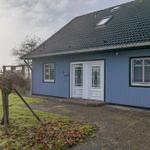 Blauer Einfamilienhaus mit weißen Fenstern und Tür. Vorgarten mit Rasen und Bäumen.