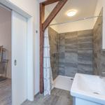 Badezimmer mit Dusche, Waschbecken und Blick in Schlafzimmer.