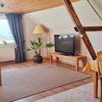 Wohn- und Essbereich mit TV, Tisch, Stühlen und großen Fenstern.