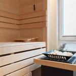 Sauna mit Holzbank und Steinkorb vor Fenster