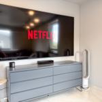 Großer Fernseher mit Netflix, grauer Schrank, Standventilator und Orchidee.