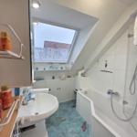 Bathroom with shower, bathtub, and skylight. Floor has fish pattern.