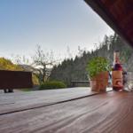 Holztisch mit Pflanze, Flasche und Glas auf Terrasse mit Waldblick