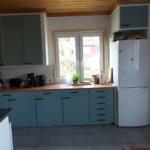 Küche mit grünen Schränken, Fenster und Kühlschrank