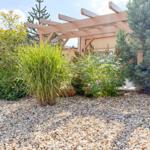 Garten mit Steinmulch, Pergola und verschiedenen Sträuchern unter blauem Himmel.
