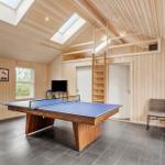 Room with ping pong table, wood walls, and skylights.