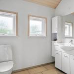 Bathroom with toilet, sink, and two windows with wooden frames.