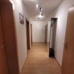 Hallway with wooden floor, doors, and coat rack. Ceiling lights and wall picture visible.
