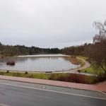 Ein See mit Uferweg und Bäumen im Hintergrund. Ein Auto steht am Straßenrand.