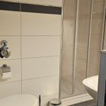 Badezimmer mit Toilette, Dusche und Waschbecken.