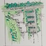 Skizze eines Gebäudes mit umliegenden Bäumen und Parkplätzen.