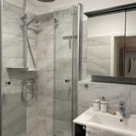 Dusche mit Duschbrause und Spiegel über Waschbecken.