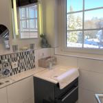 Badezimmer mit Waschbecken, Spiegel und Fensterblick auf Schnee.