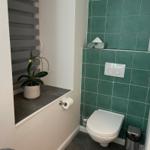 Toilettenbereich mit grüner Fliesenwand, Pflanze und Fenster mit Jalousie.