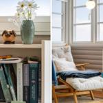 Bücherregal mit Blumen und Kerze, Sitzbank mit Decke und Fenster