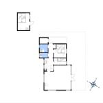 Wohnung mit zwei Schlafzimmern, Küche und Bad. Raumplan mit Kompass.