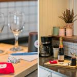 Küchenbereich mit Champagner, Gläsern und Würfeln auf Holzbrett